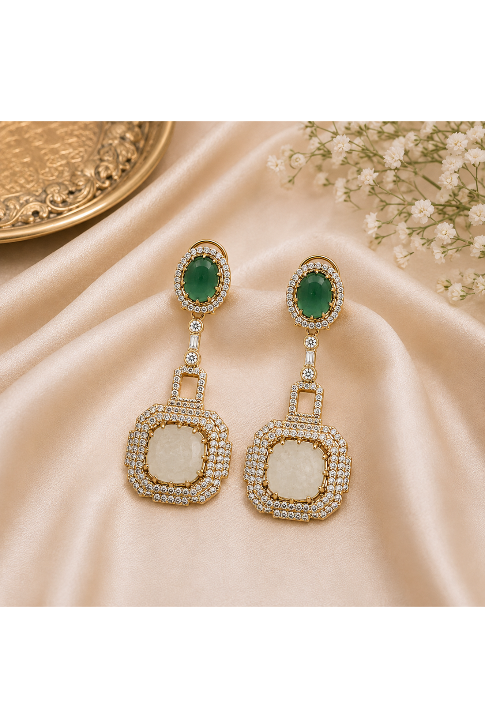 Emerald Green & Ivory Semi-Precious Statement Earrings