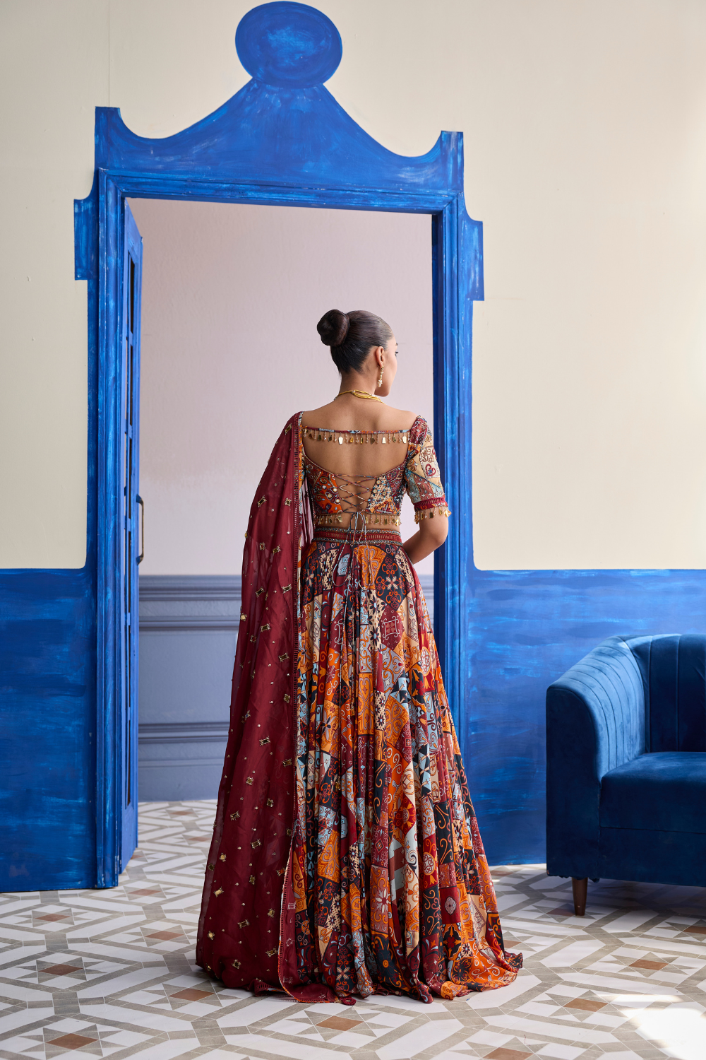 Rust Highlighted Blouse with Lehenga & Embroidered Dupatta Set