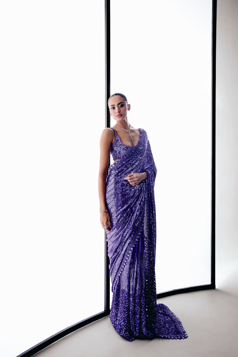 Purple Sequins Saree Set