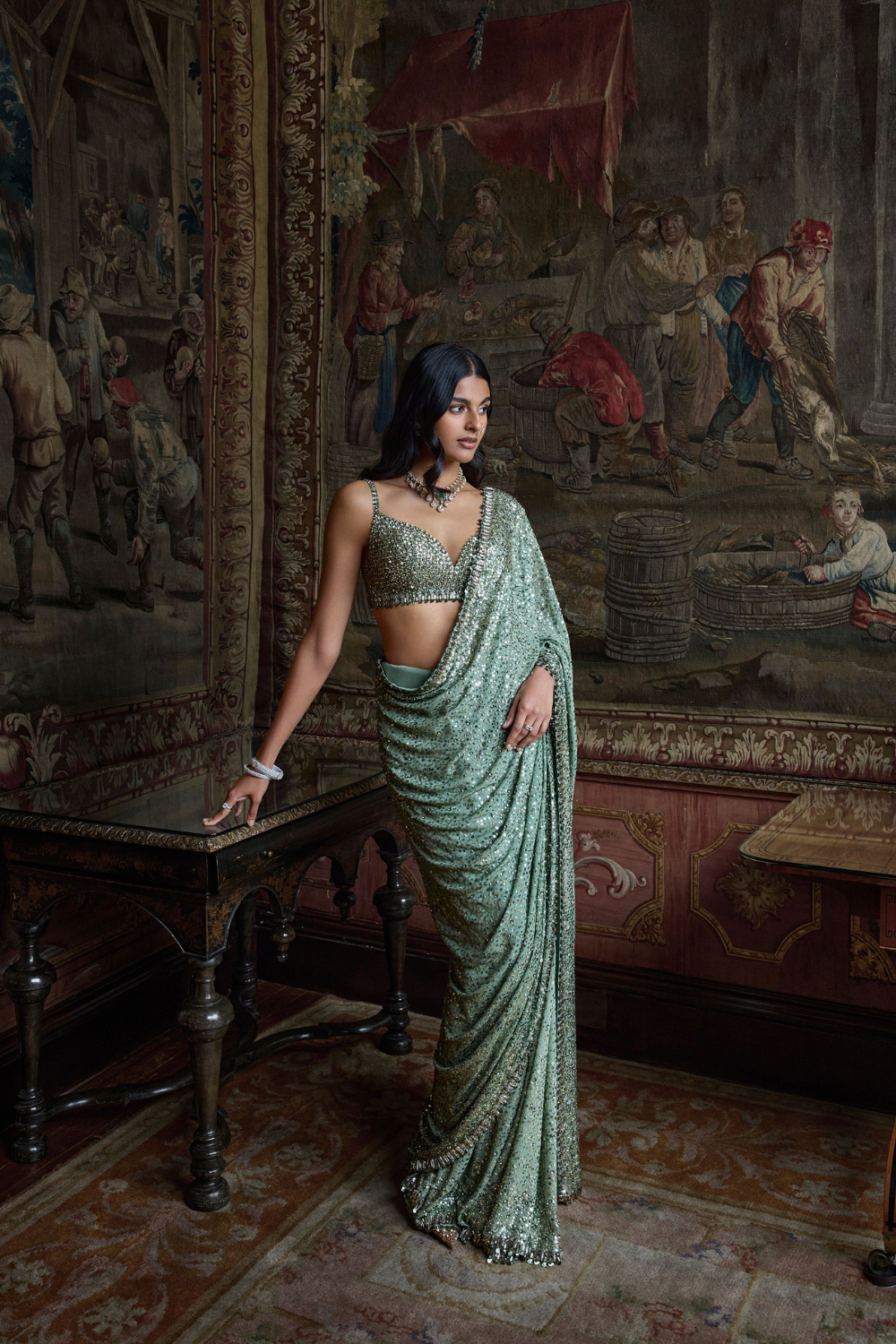Moss Green Sequin Saree