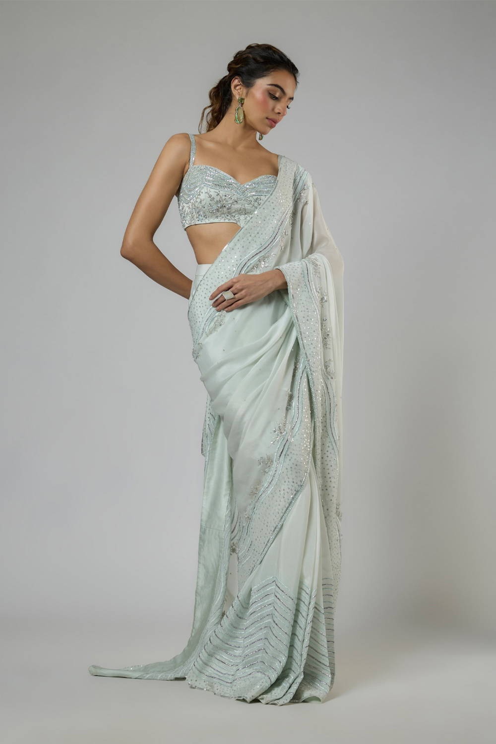 LIGHT MINT INTRICATE EMBROIDERED SAREE SET