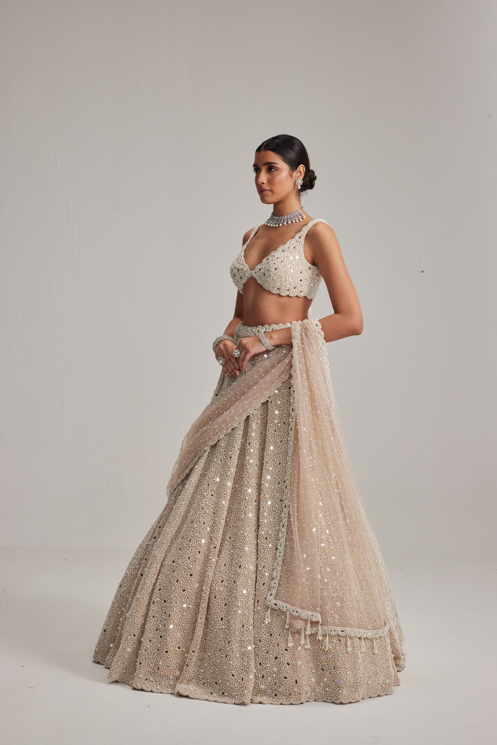 Light Beige Dense mirror and pearl lehenga set