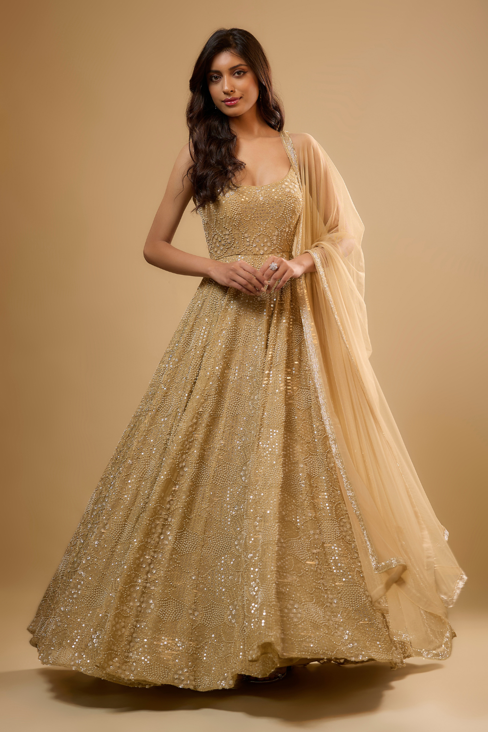 Gold georgette anarkali gown set embroidered with glass beads & sequins