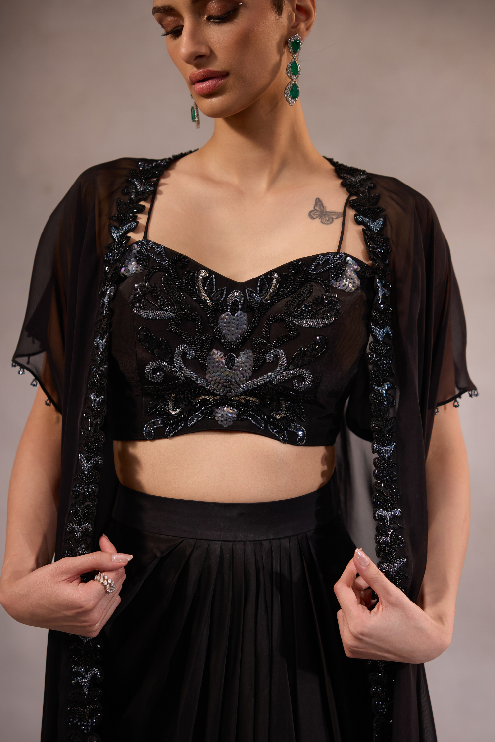 Black Embroidered Cape Set of 3