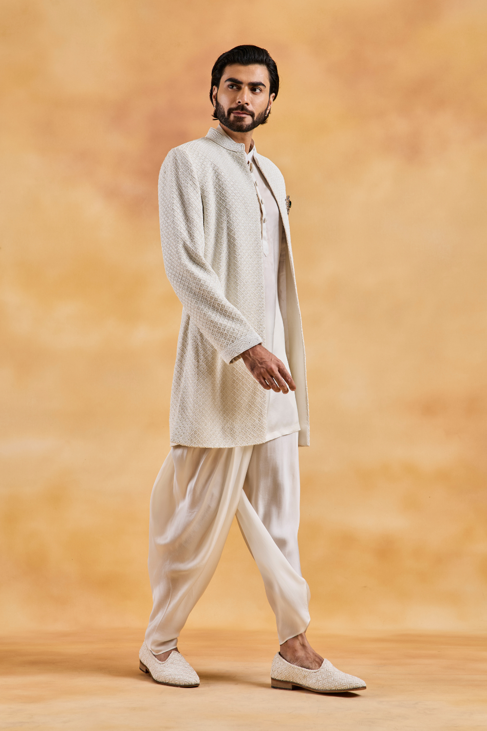 Ivory Raw Silk Open Jacket with Kurta and Dhoti