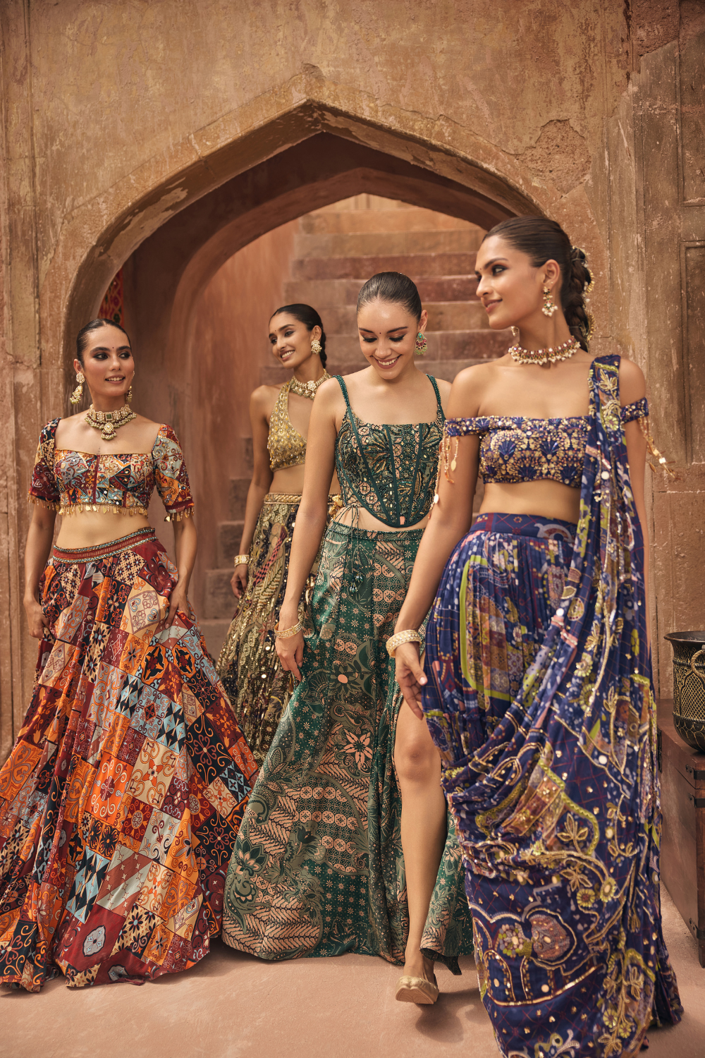 Violet Mosaic Off-Shoulder Blouse with Drape Tiered Skirt Saree Set