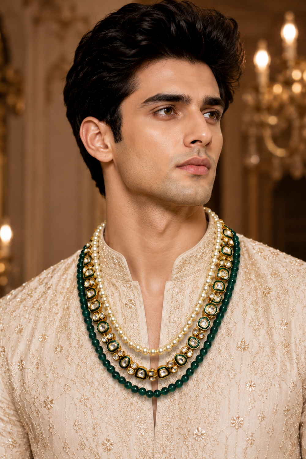 Three-layer Green Beaded Pearl Kundan Groom Mala
