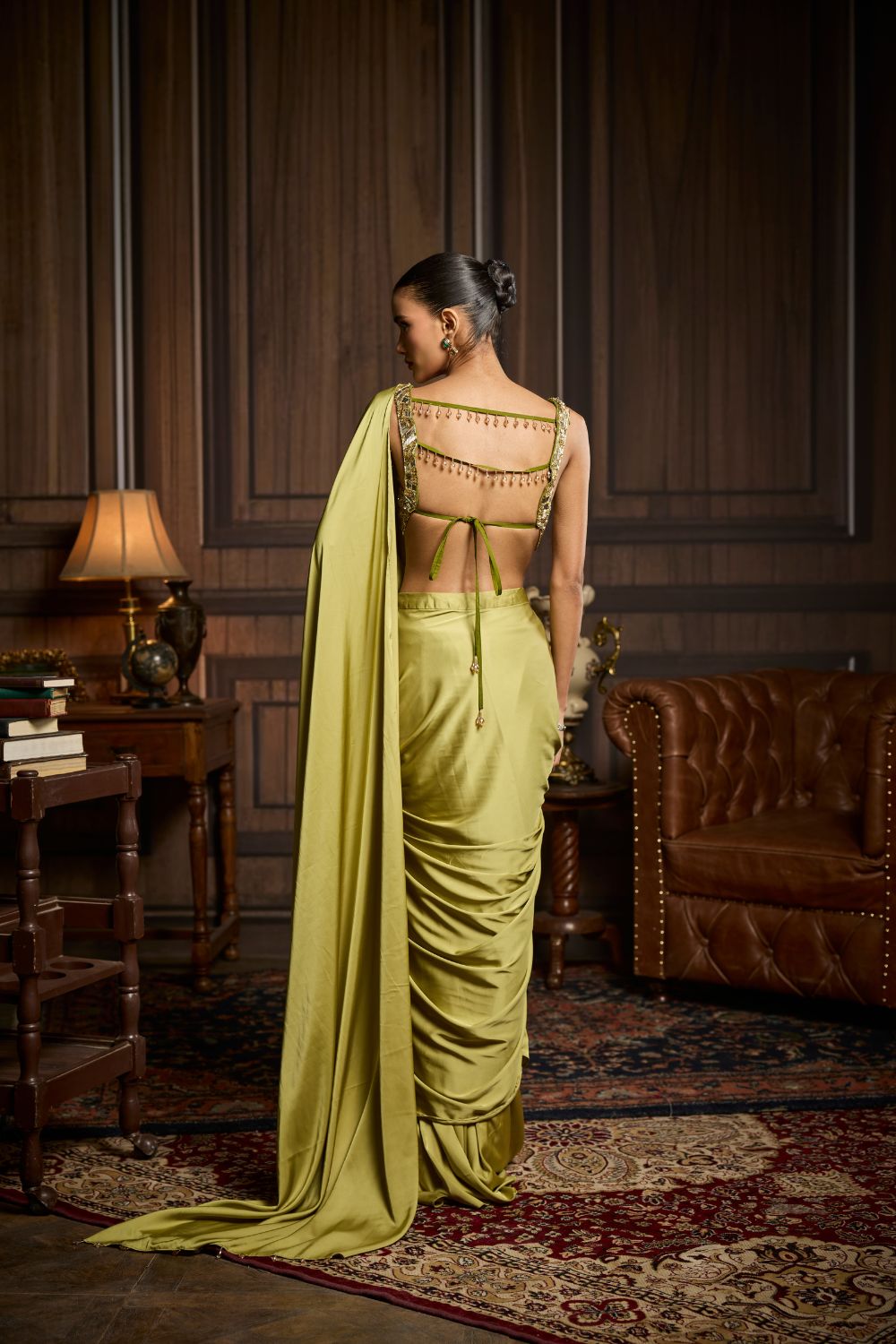 PEAR GREEN EMBROIDERED BLOUSE AND PRE DRAPED SAREE SET