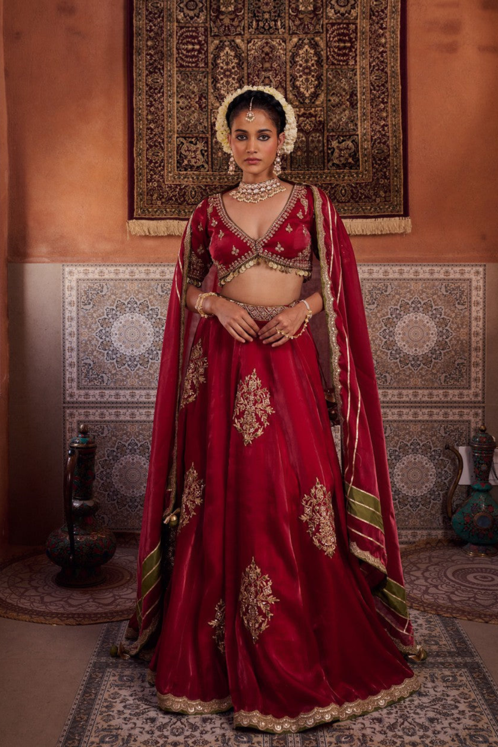 Maroon glass tissue blouse, lehenga and dupatta