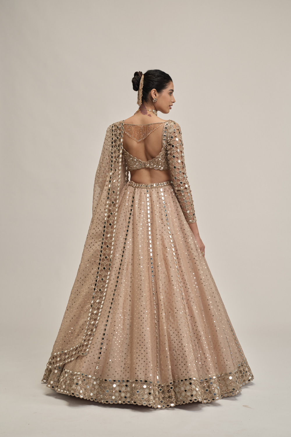 Light Beige Sequins Embroidered Full Sleeves Lehenga Set
