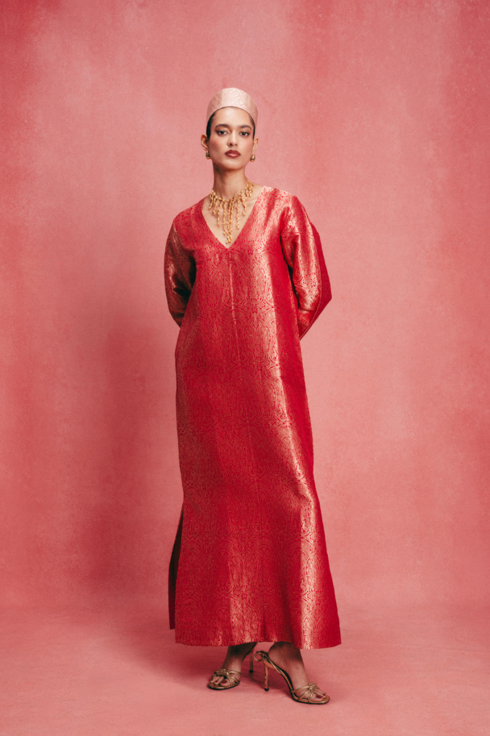 Handwoven Salmon Pink Banarasi Kaftan