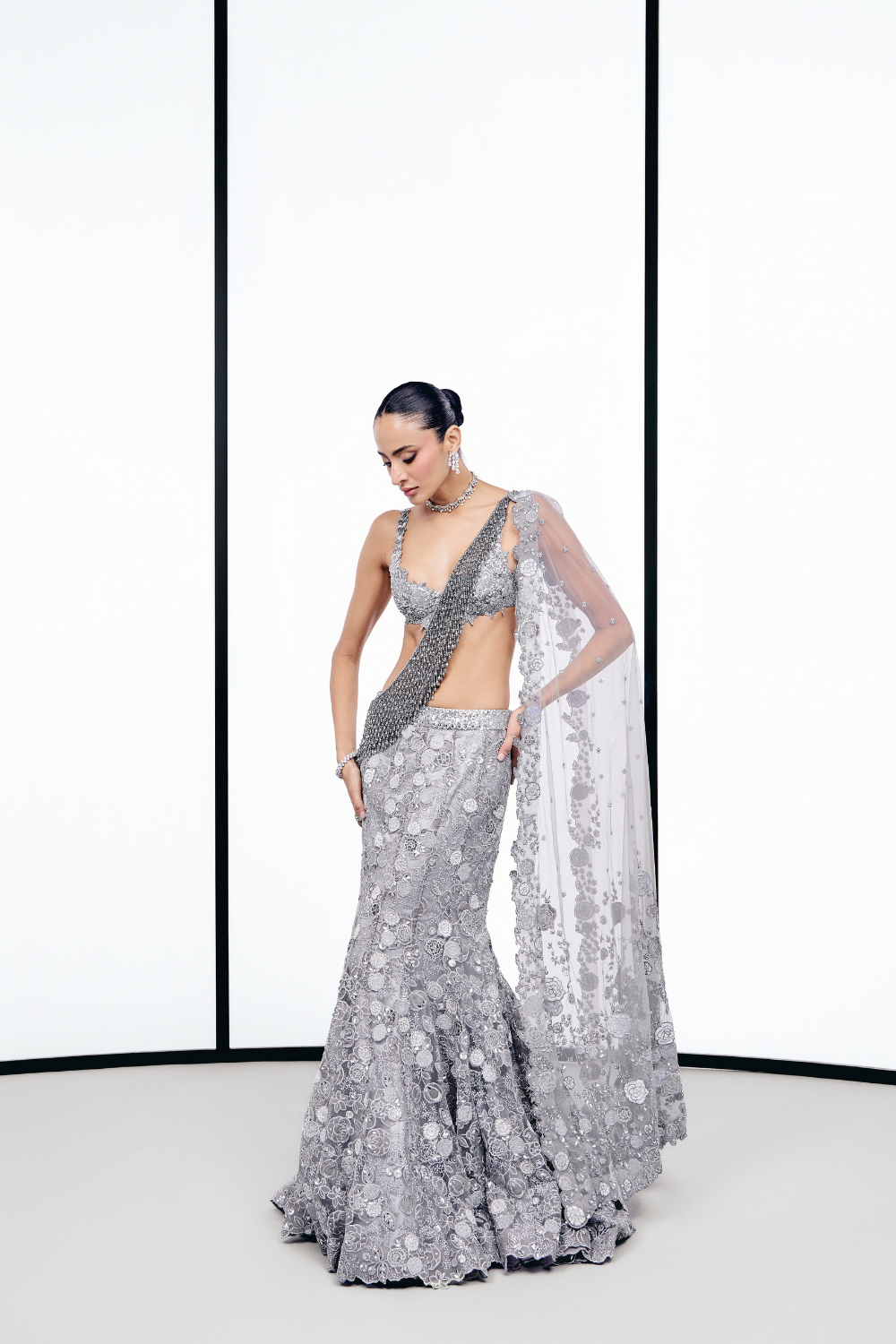 Silver Applique Fishcut Lehenga set