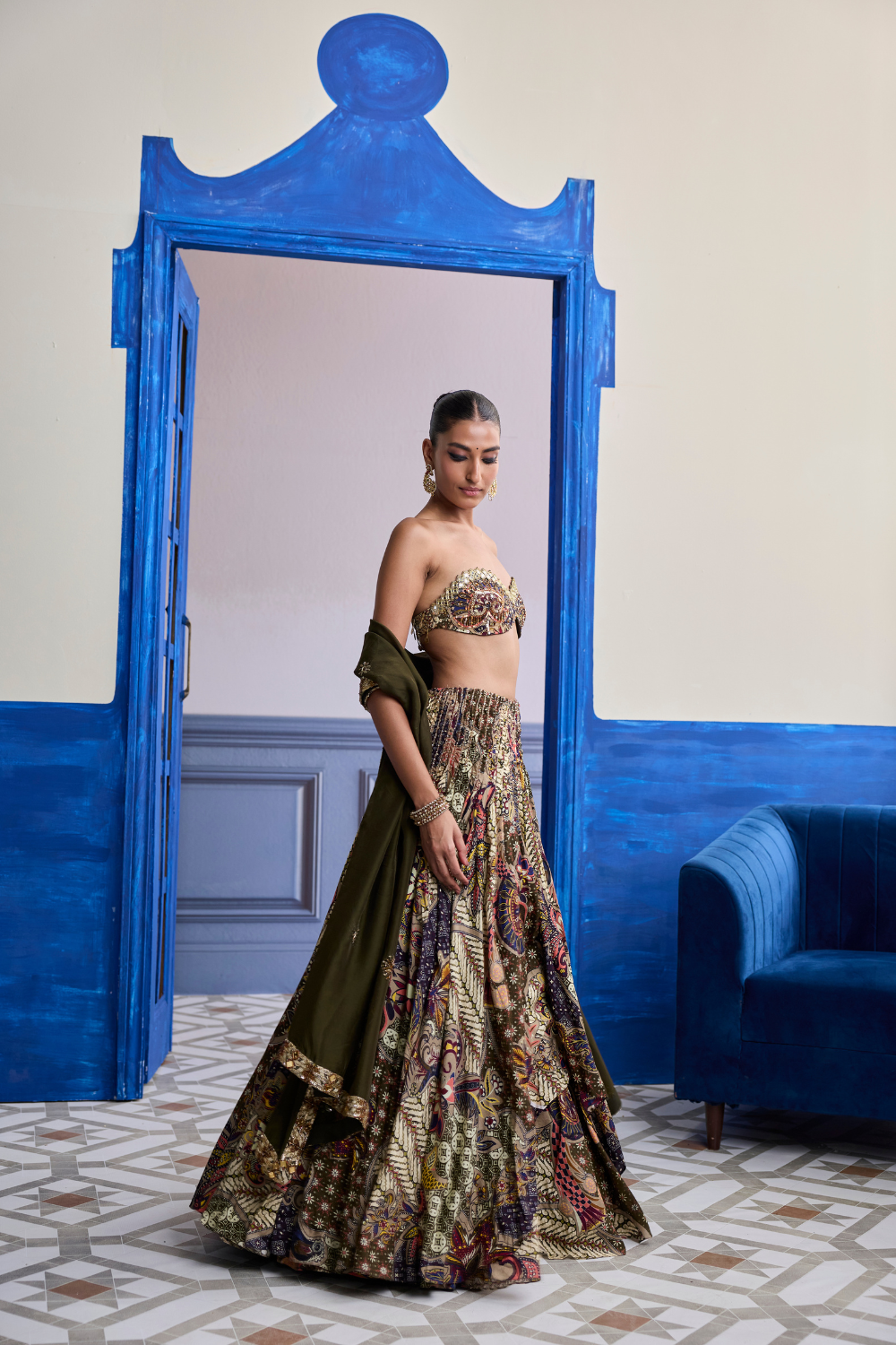 Olive Print Blouse with Highlighted Lehenga & Embroidered Dupatta Set (3-Piece)