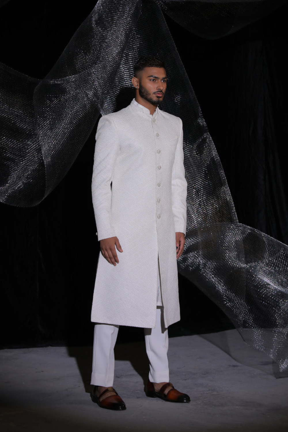 Pearl White Sherwani With Hand Embroidery On Dupatta