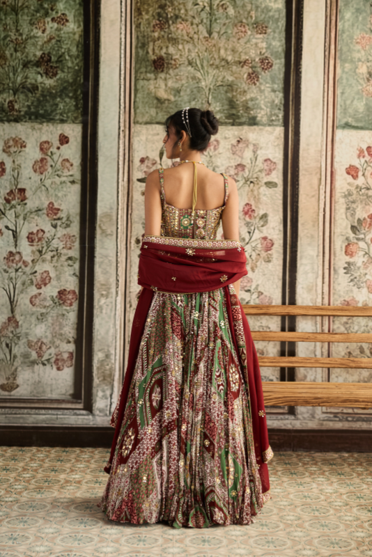 SAGE-MAROON PRINT AND HIGHLIGHTED CORSET BLOUSE LEHENGA SET