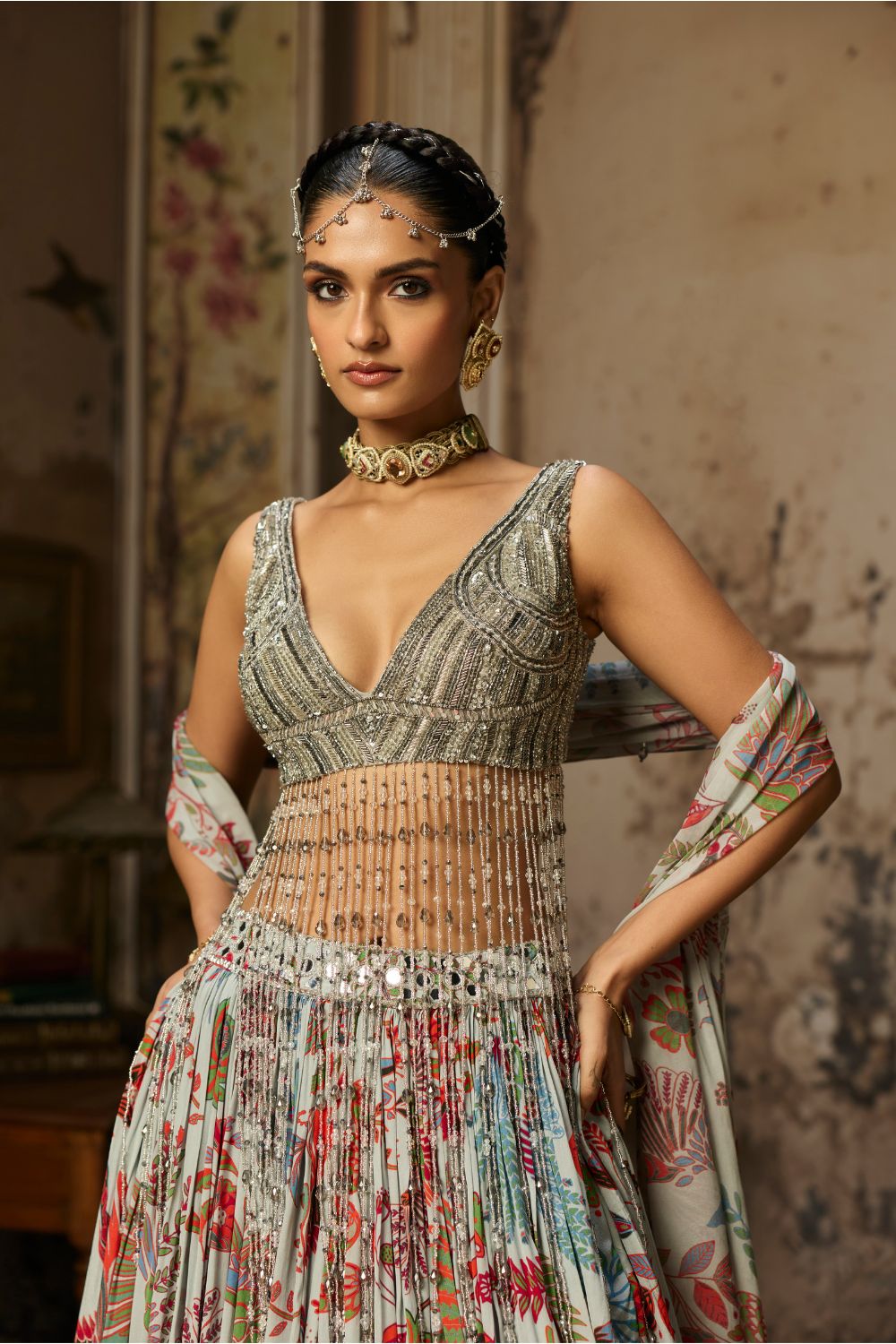 SLATE GREY EMBROIDERED BLOUSE AND PRINTED LEHENGA SET