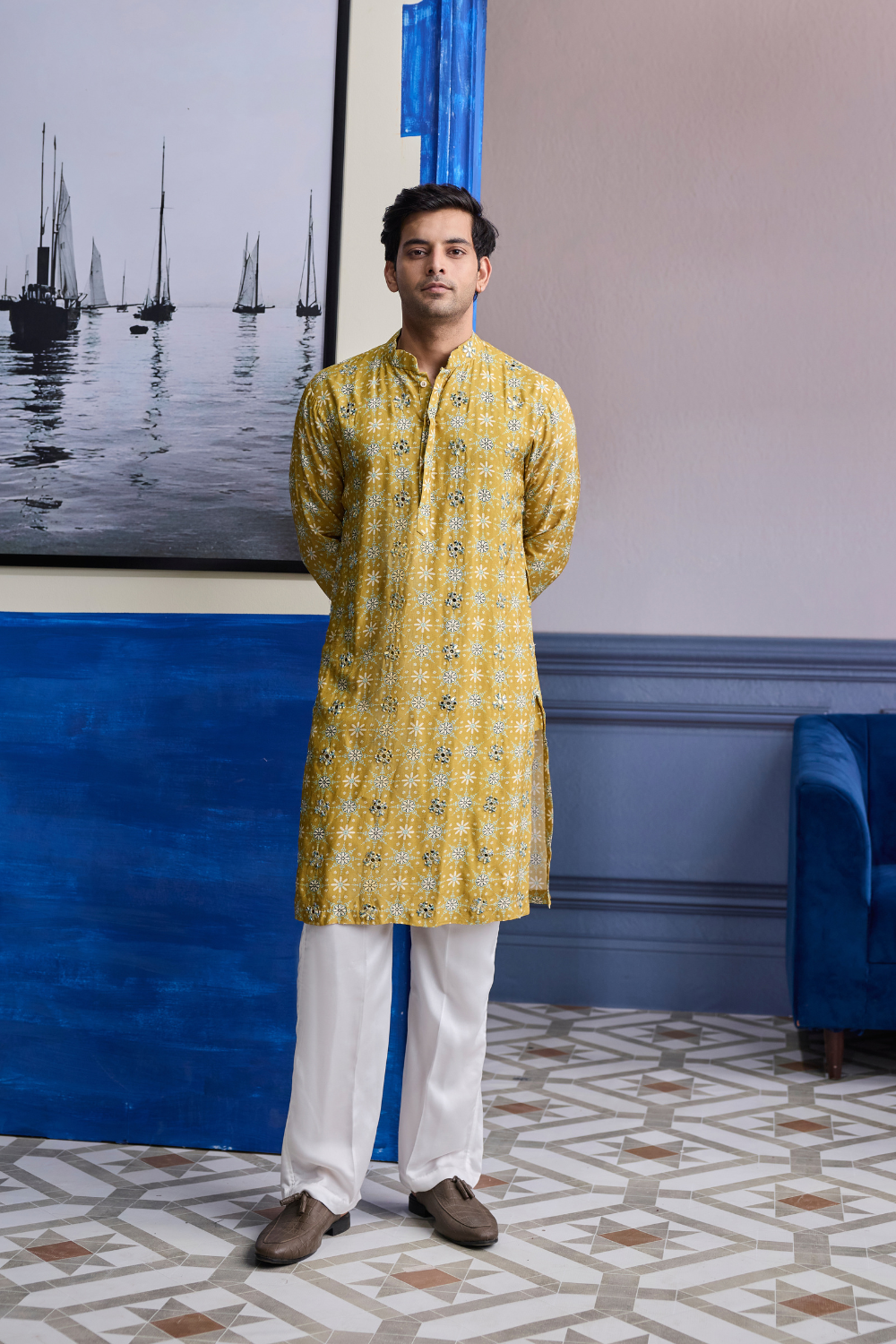 YELLOW BUTTA PRINT HIGHLIGHTED KURTA WITH IVORY PANTS