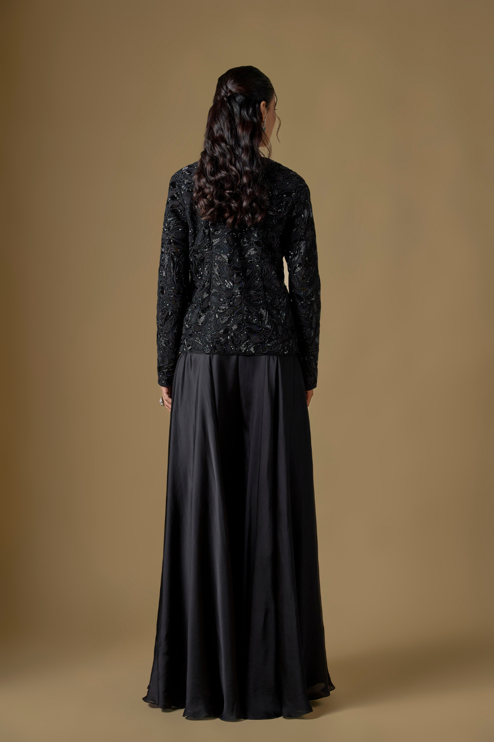 Rillette -Black hand embroidered short jacket paired with satin organza Sharara