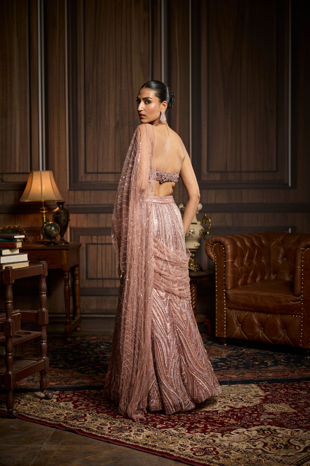 BLUSH PINK EMBELLISHED PRE-DRAPED SKIRT SAREE SET