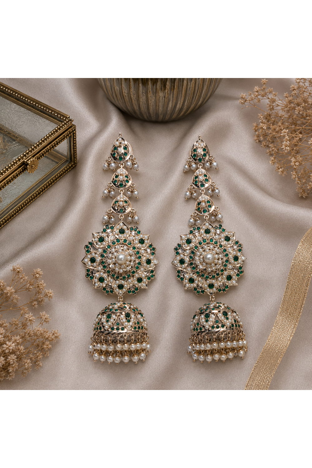 Emerald Green Stone Jadau Pearl Jhumka Earrings