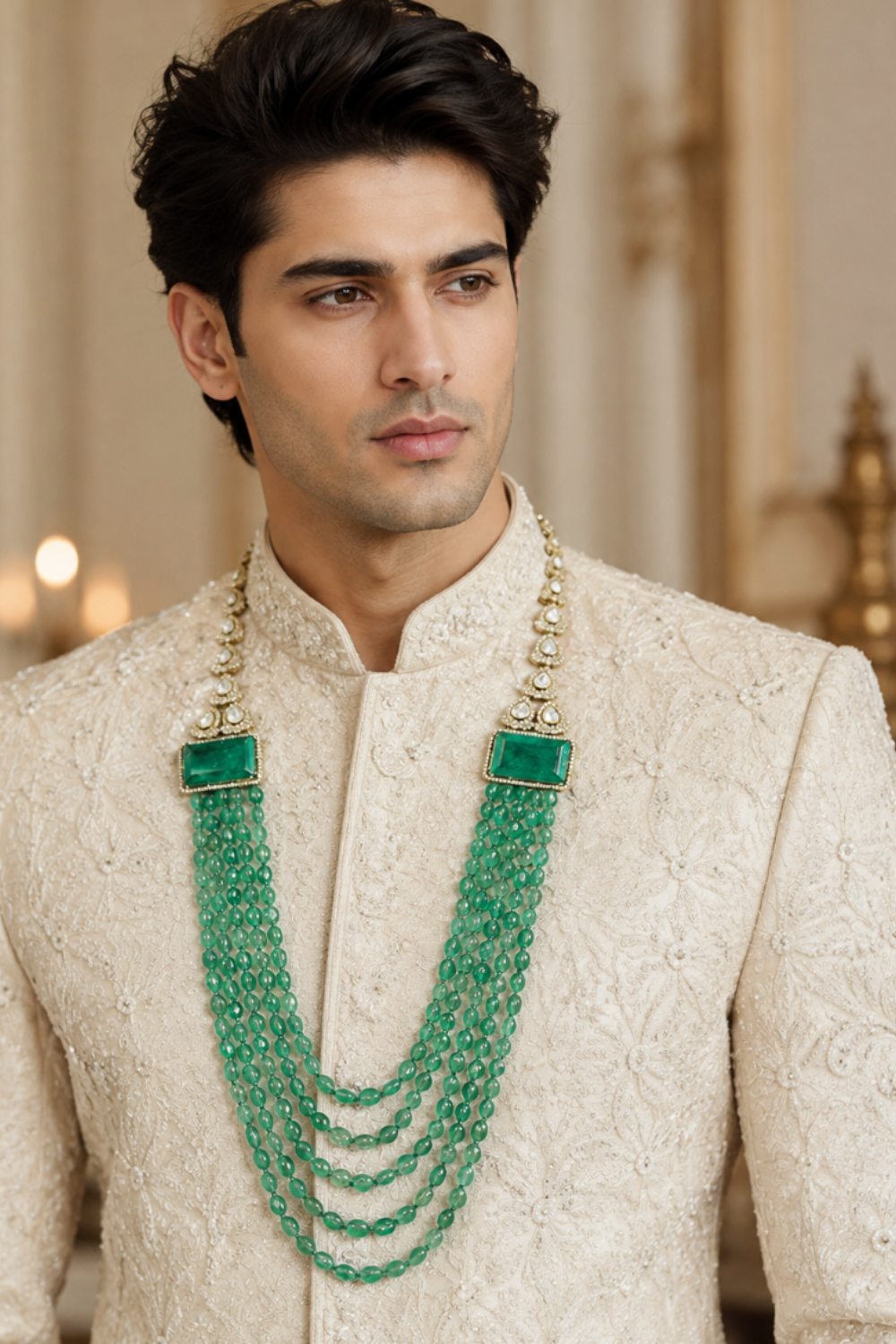 Layered Jade Green Beaded Kundan Groom Mala