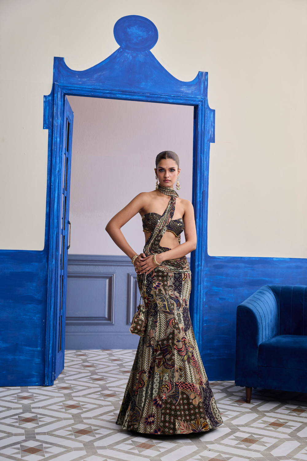 Purple Embroidered Blouse with Olive Floral Fish Cut Saree Set
