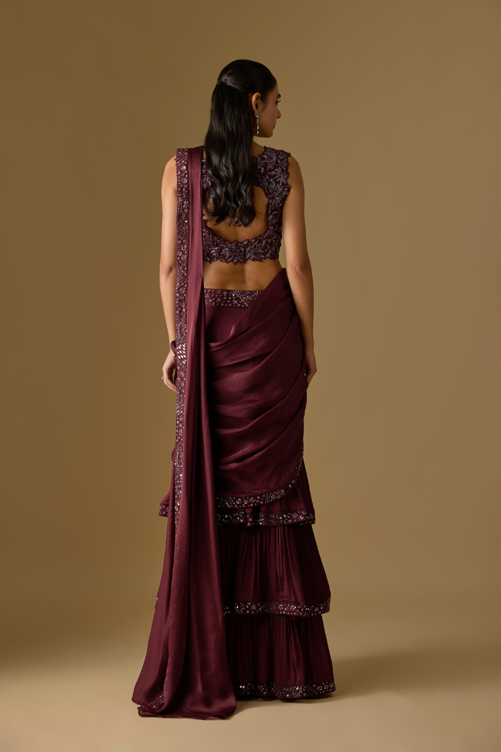 Baylin- Wine Pre-Draped Saree with Floral Blouse