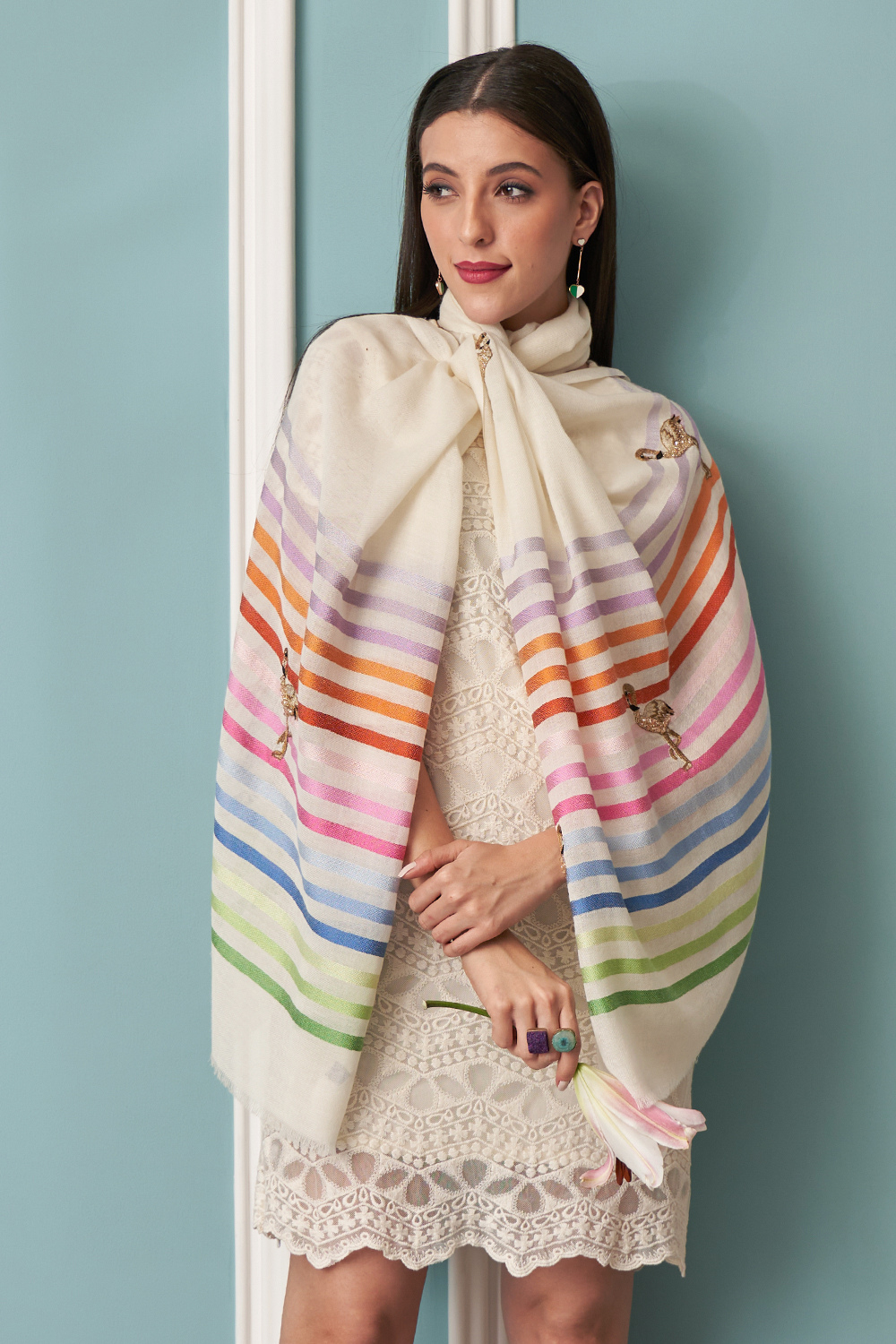 Floral Inset | Embroidered Fine Merino Wool Stole