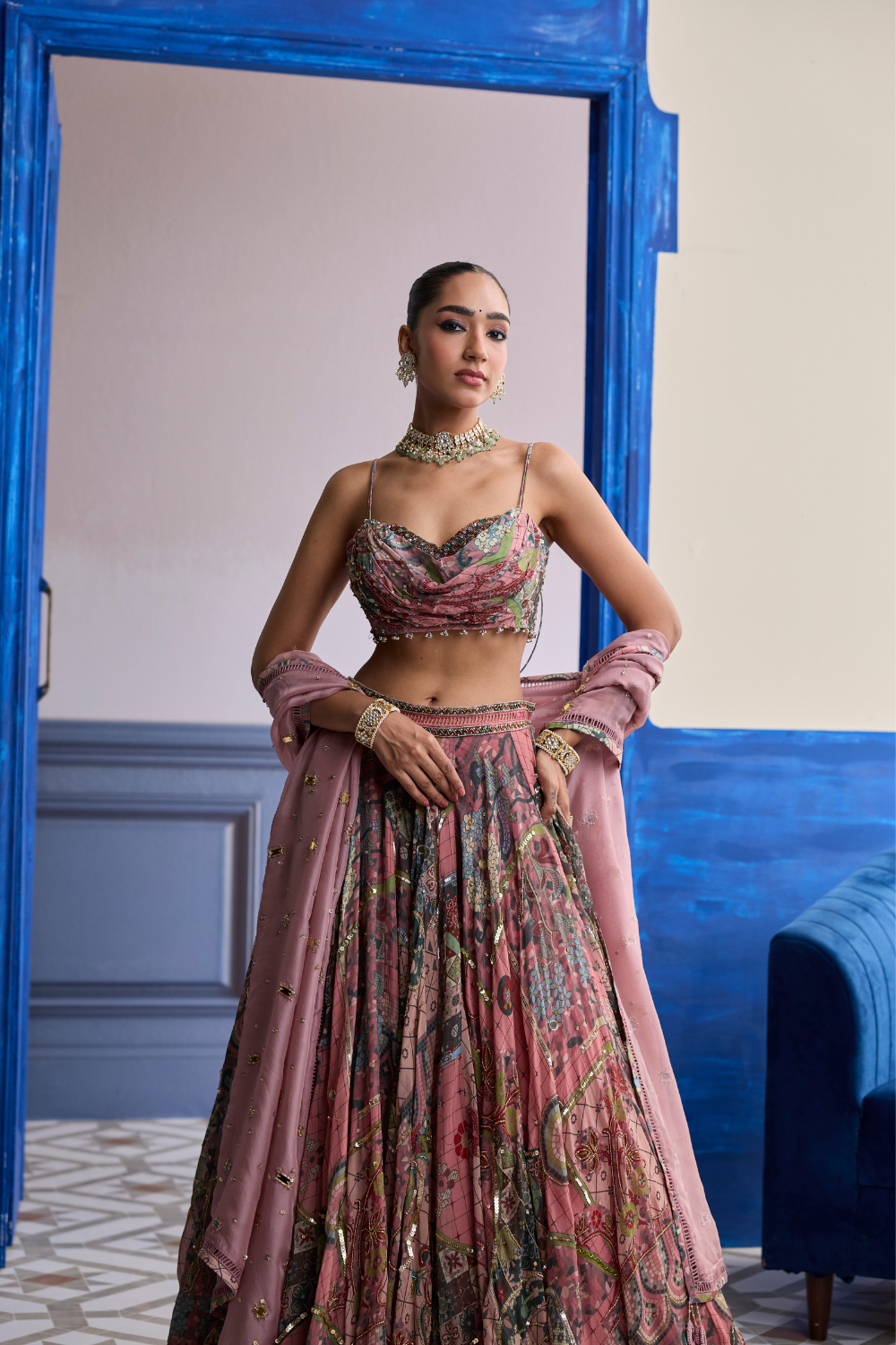 Dusk Pink Highlighted Blouse with Lehenga & Embroidered Dupatta Set