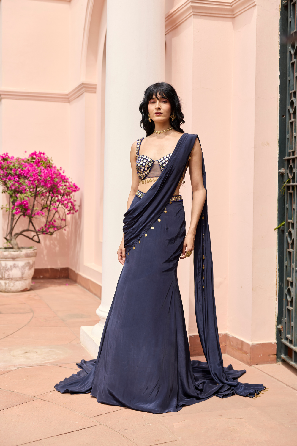 MIDNIGHT BLUE SOLID TRAIL SAREE