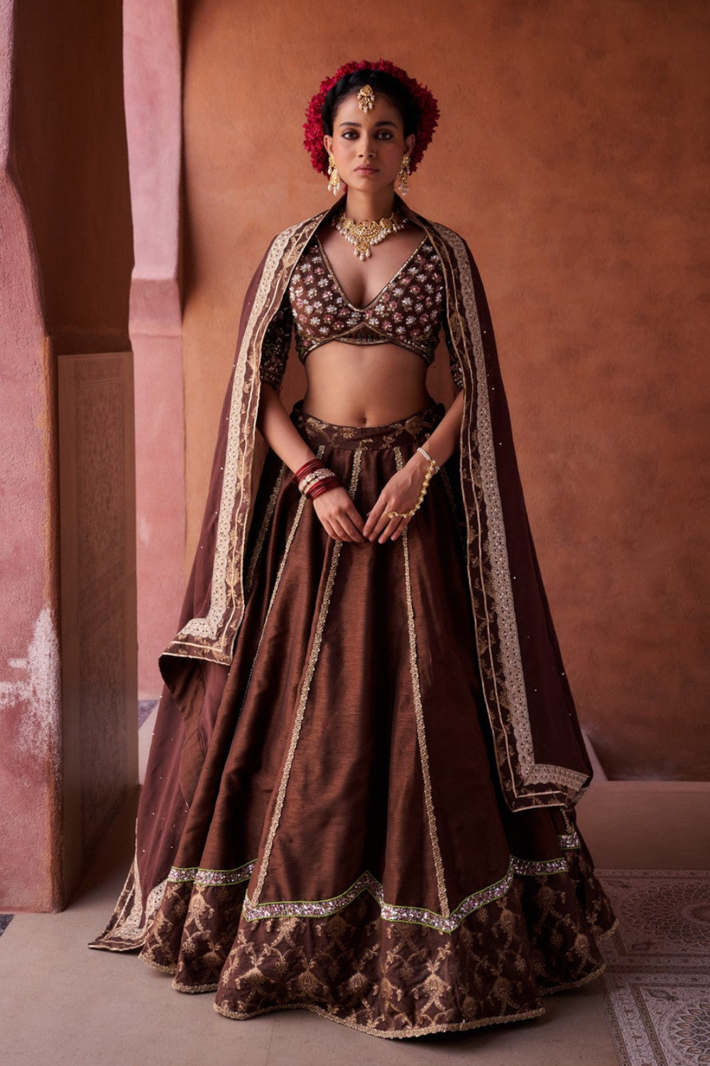 Brown upada silk blouse, lehenga and organza dupatta