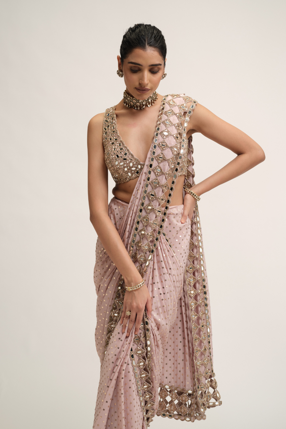 Ash Pink Cutwork Border Saree Set