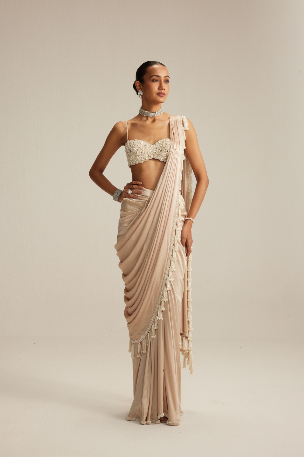 Light Beige mirror and pearl Satin Draped Saree set