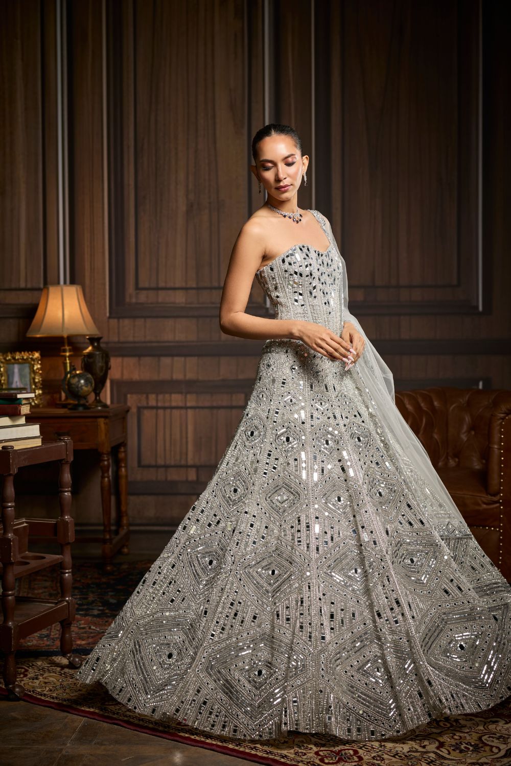 SILVER EMBELLISHED MIRRORWORK LEHENGA SET