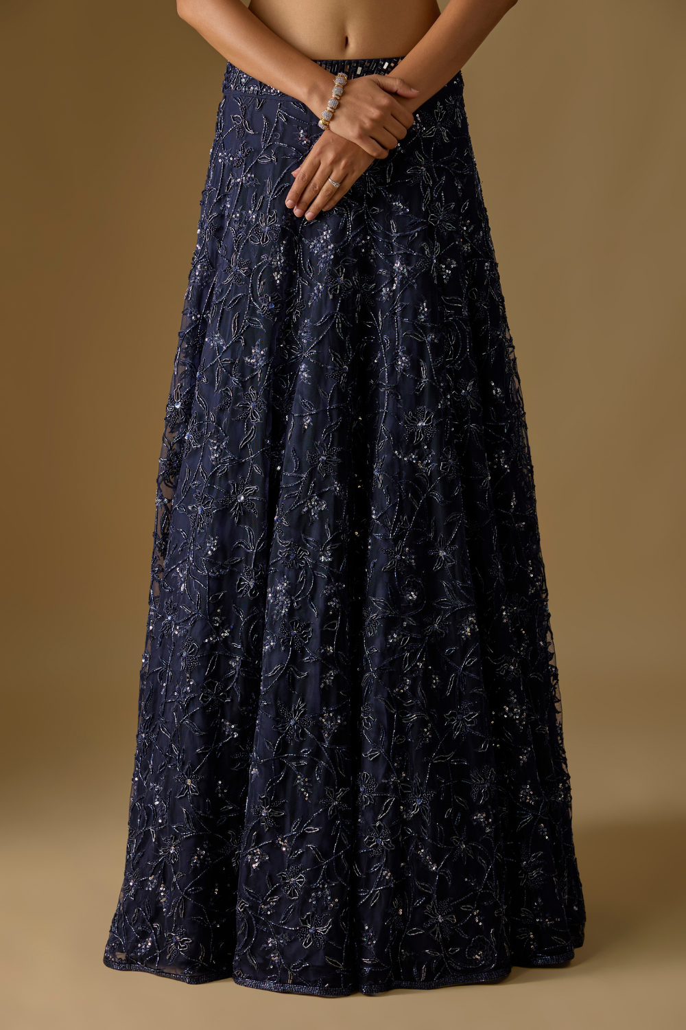 Tidea- Navy Blue Lehenga & One-Shoulder Blouse with Back Tail