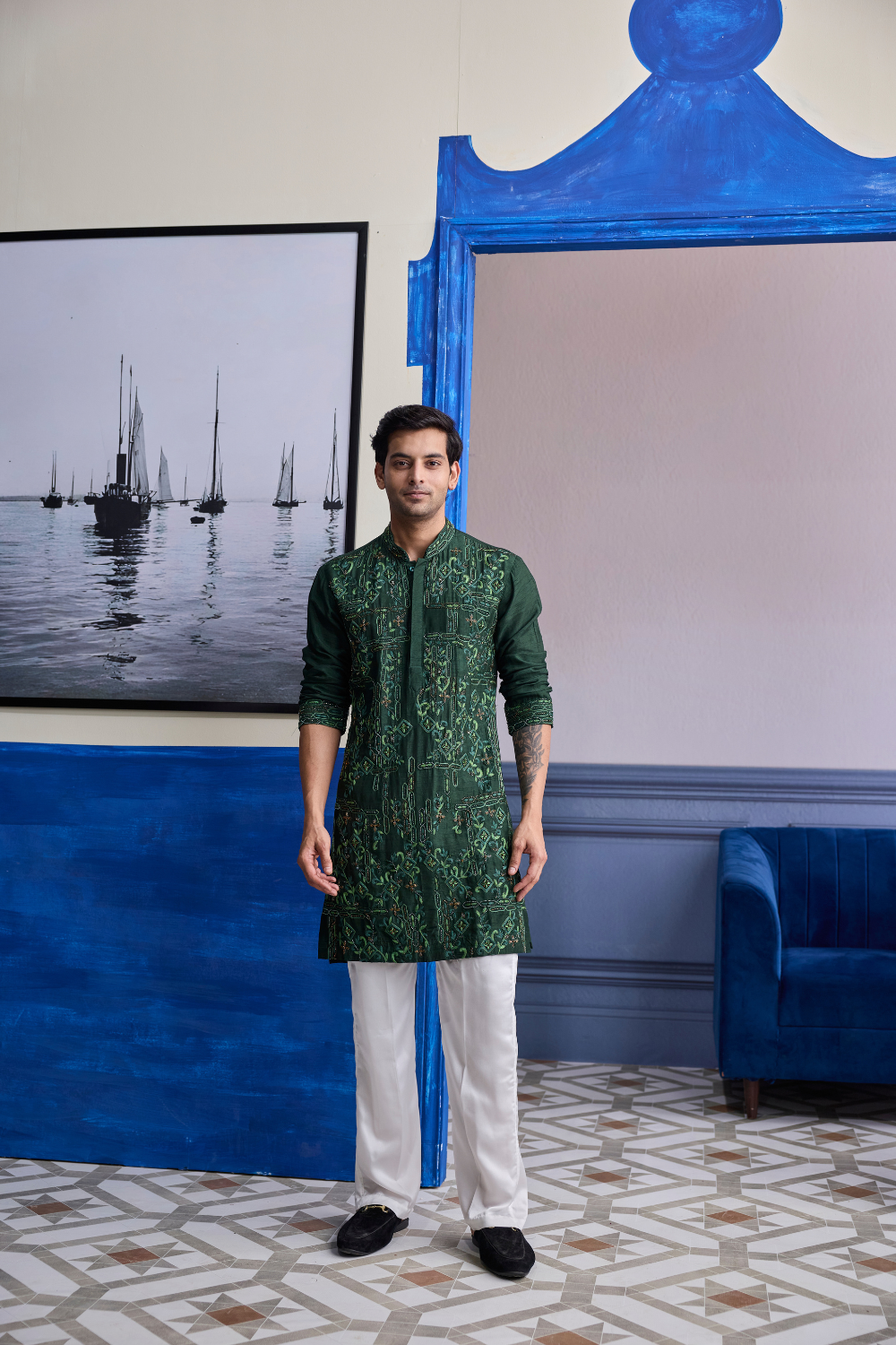 Bottle Green Thread Work Embroidered Kurta with Ivory Pants