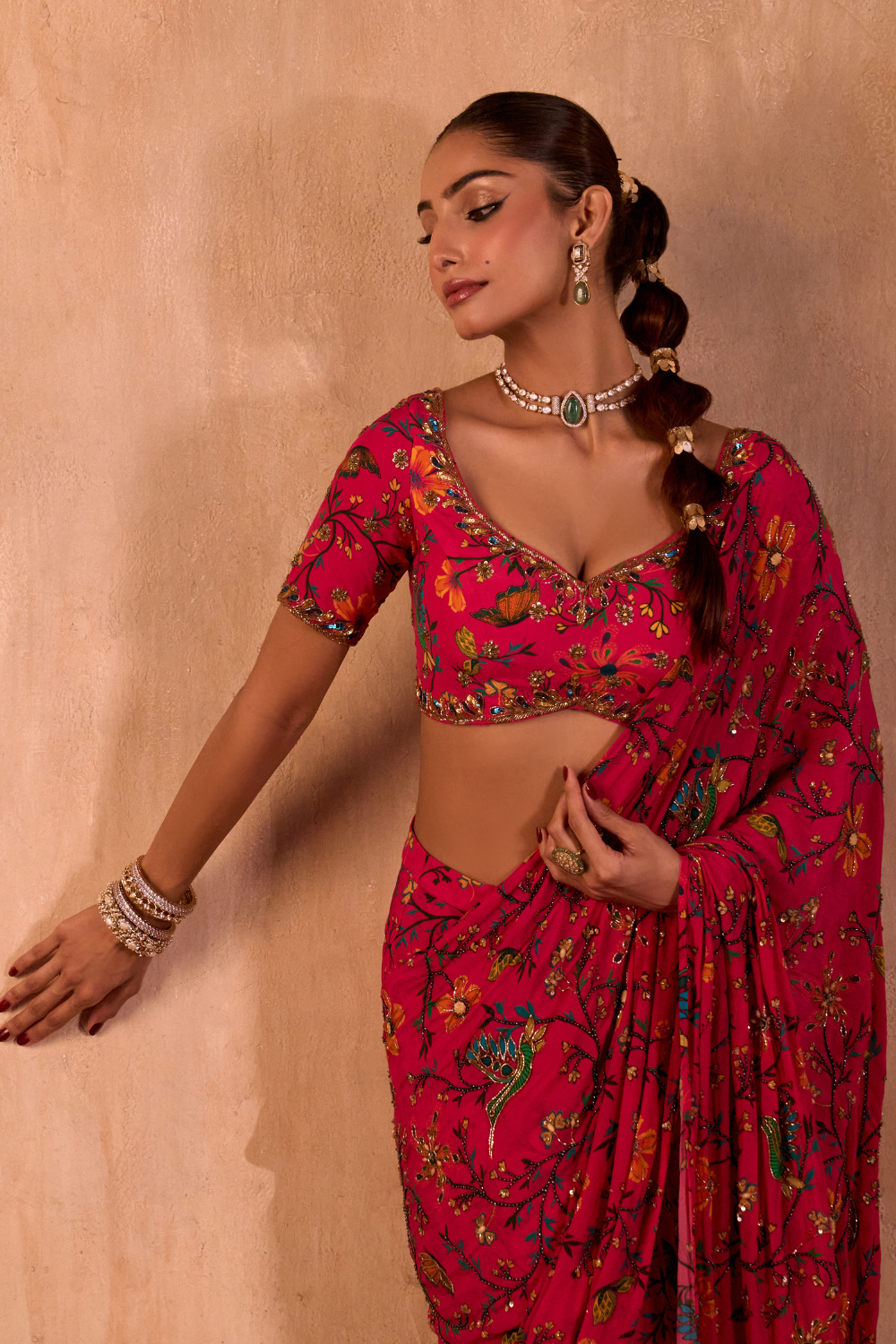 PINK PRINT CHOLI WITH EMBROIDERED SARI SET