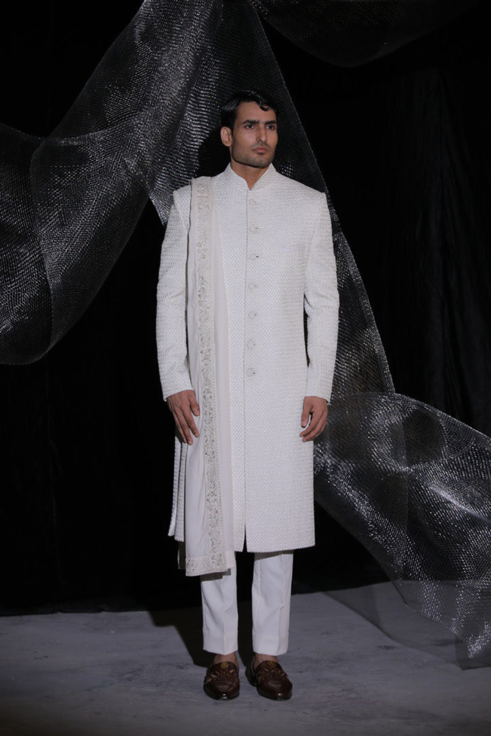 Vista White Sherwani With French Knot All Over The Sherwani
