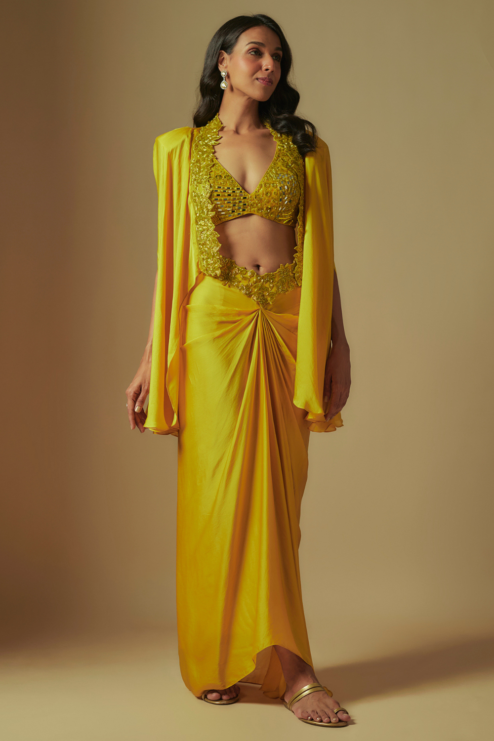 Flux Hand embroidered blouse paired with drape skirt and embroidered cape