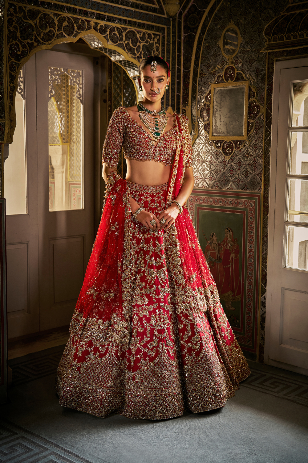 Red Crystal Zardosi Lehenga Set