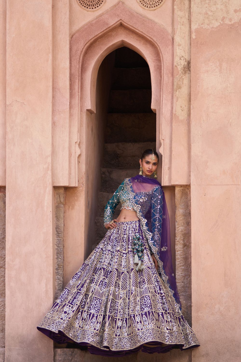 NEELAM — Bright Purple Raw Silk Lehenga Set with Contrast Blouse