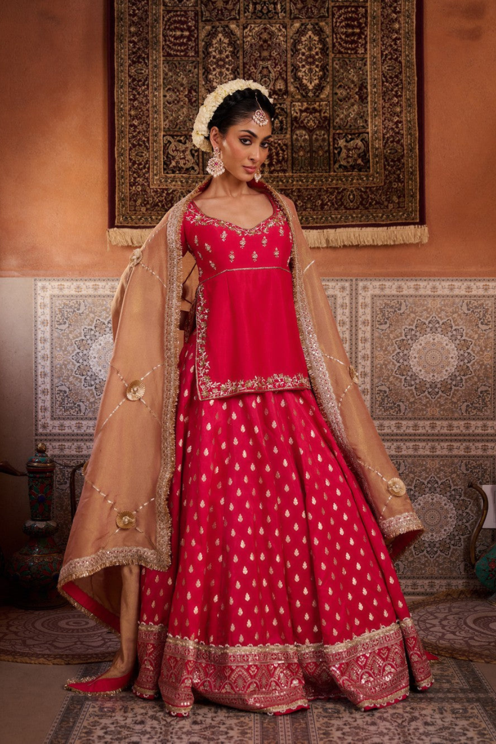 Fuchsia embroidered kurti with banarsi lehenga and dupatta