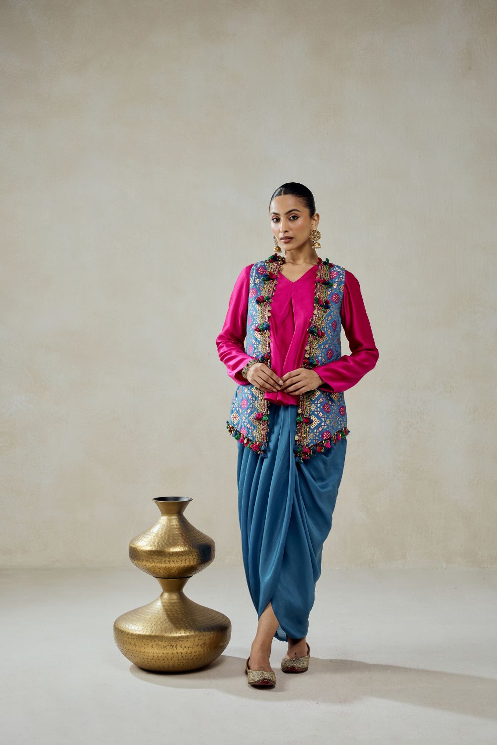 Royal Blue Patola Short Jacket With Dhoti Skirt Set