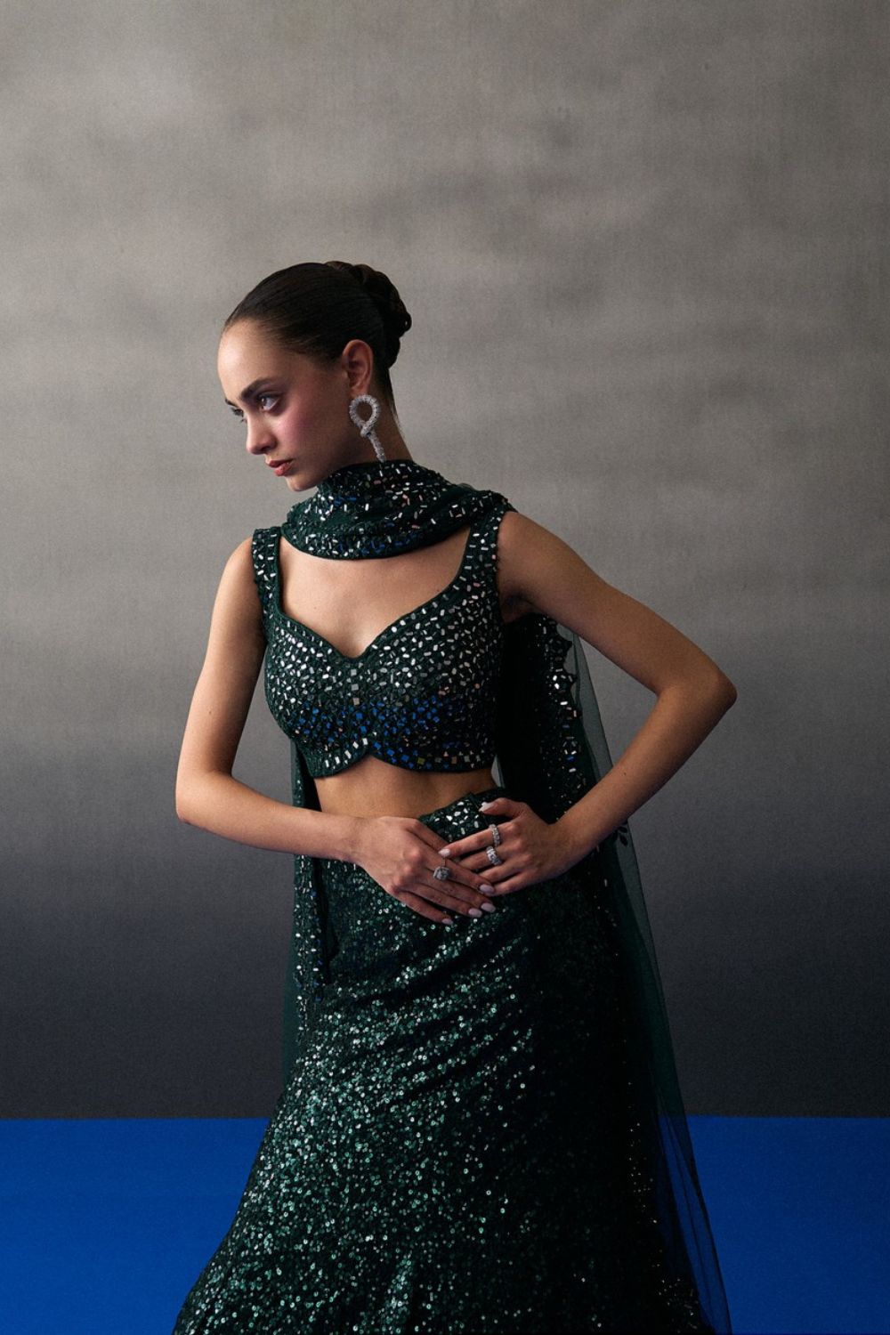 Green Sequins Georgette Skirt Set