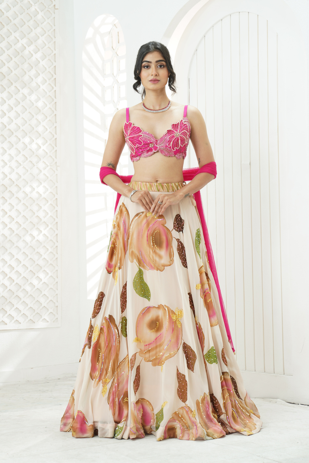 Baby Pink hand painted lehenga and embroidered bralette set