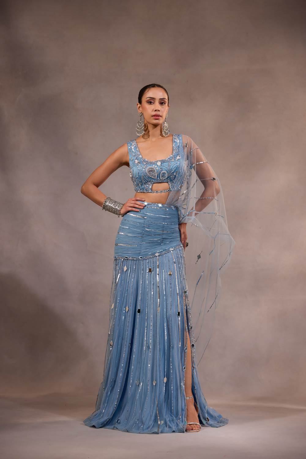 Powder Blue Embellished Mermaid Lehenga Saree Set