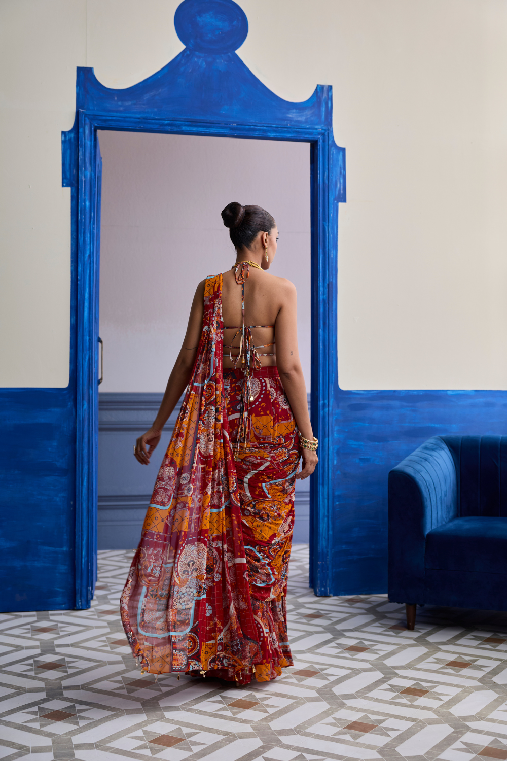 Rust Mosaic Blouse with Pre-Draped Panelled Saree Set