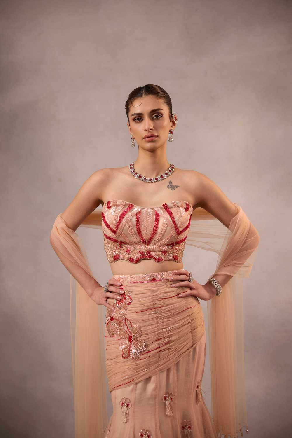 Powder Pink Embroidered Fishcut Drape Lehenga with Blouse -set of 3