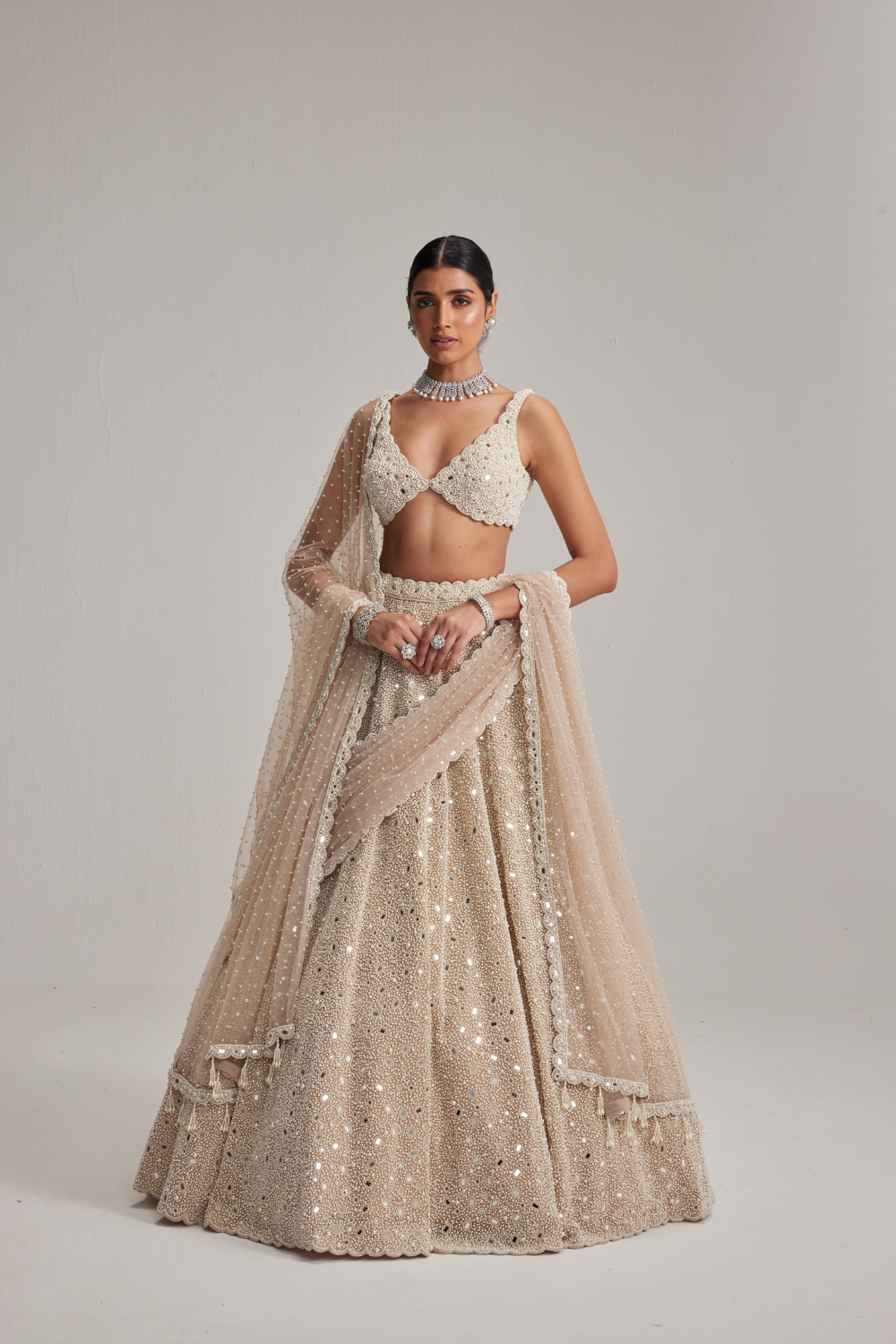 Light Beige Dense mirror and pearl lehenga set With Double Dupatta