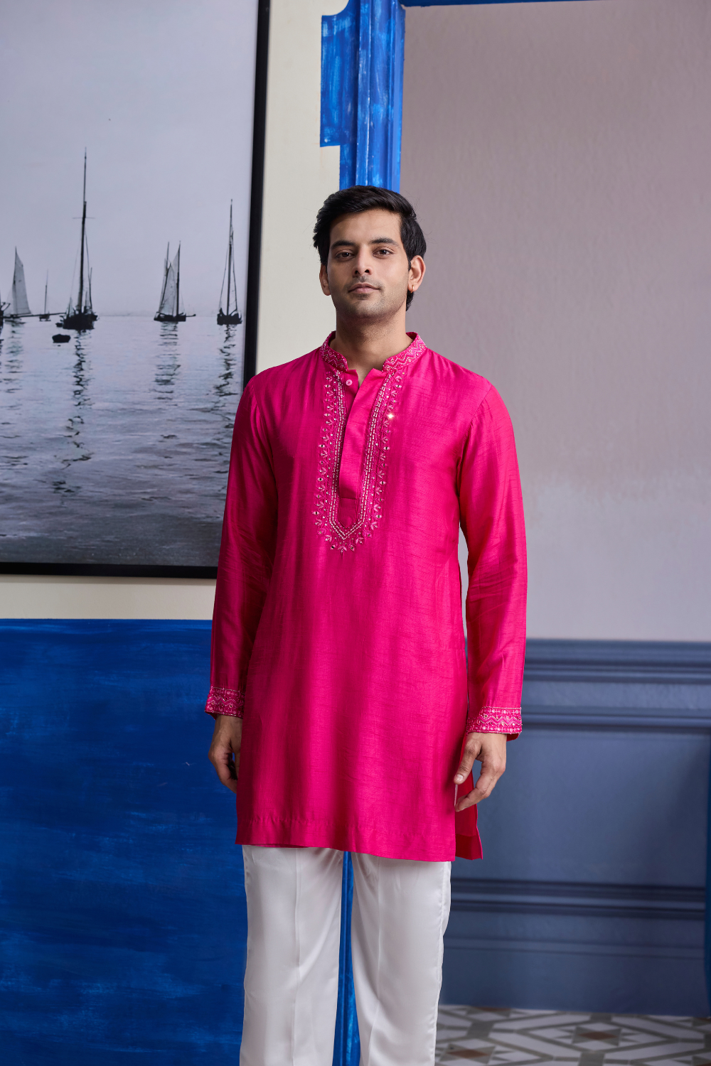 Fuchsia Pink Mirror Embroidered & Thread Work Kurta with Pants